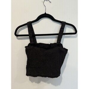 Steve Madden Crop Top Womens Small Black Smocked Stretch Linen Festival Travel